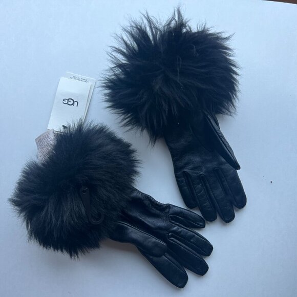 UGG Black Leather Real Fur Cuff Tech Gloves XS Small Petite NEW - Picture 3 of 6